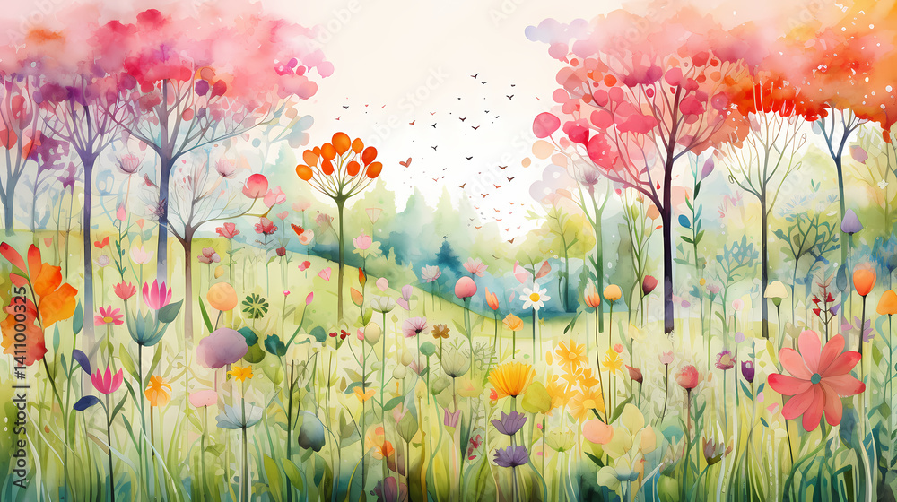 Obraz premium watercolor spring flowers and trees illustration background poster decorative painting