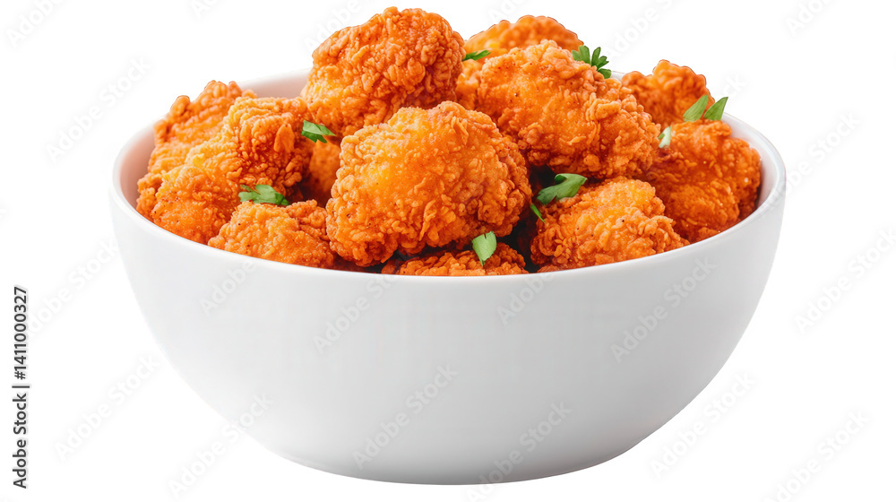 Crispy fried chicken bites served in a white bowl, garnished with fresh herbs, perfect for parties or casual gatherings, showcasing delicious food in a captivating presentation Crispy fried chicken bites served in a white bowl, garnished with fresh herbs, perfect for parties or casual gatherings, showcasing delicious food in a captivating presentation