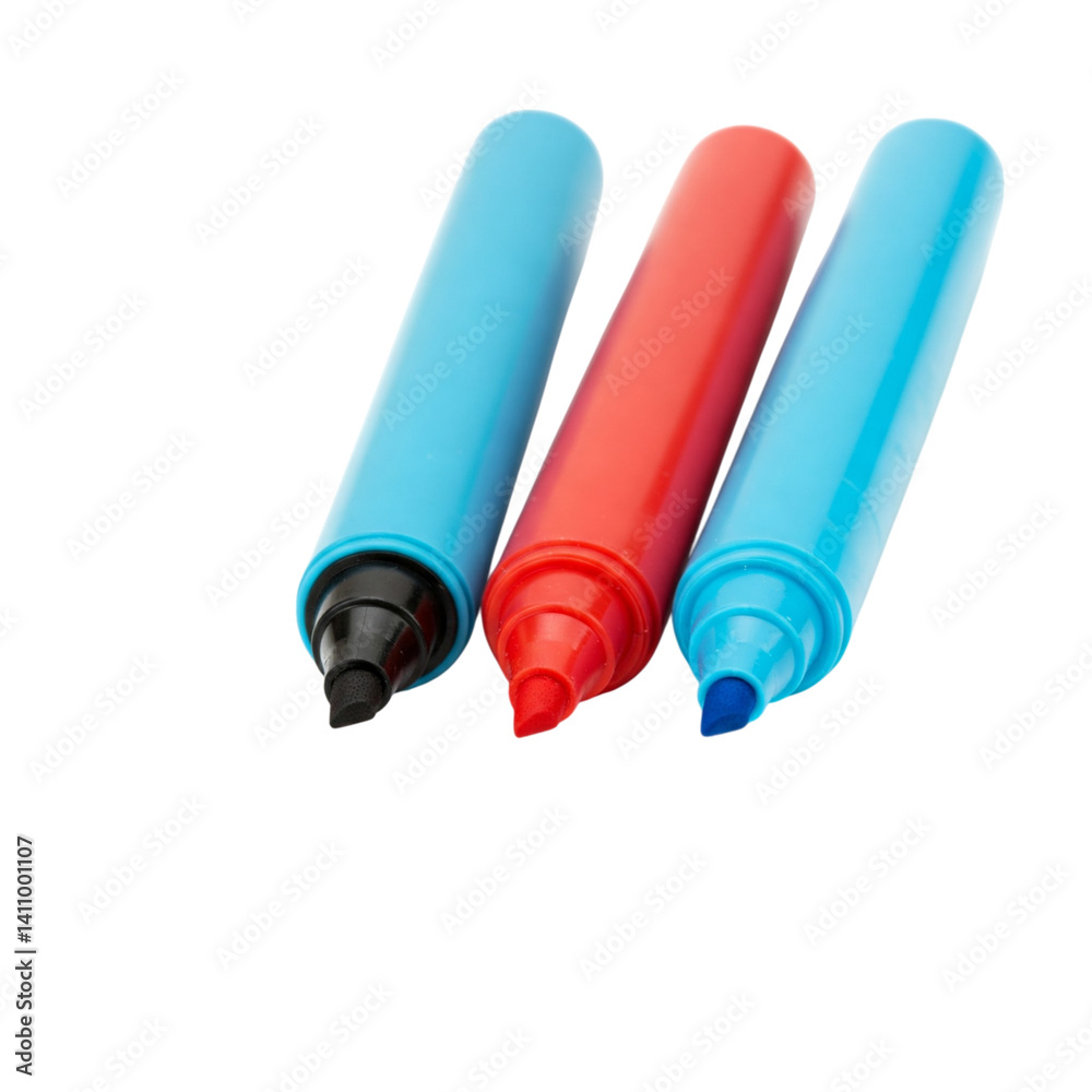 Three vibrant markers, ready to unleash creativity—a splash of blue, bold red, and classic black against a clean white backdrop. Three vibrant markers, ready to unleash creativity—a splash of blue, bold red, and classic black against a clean white backdrop.