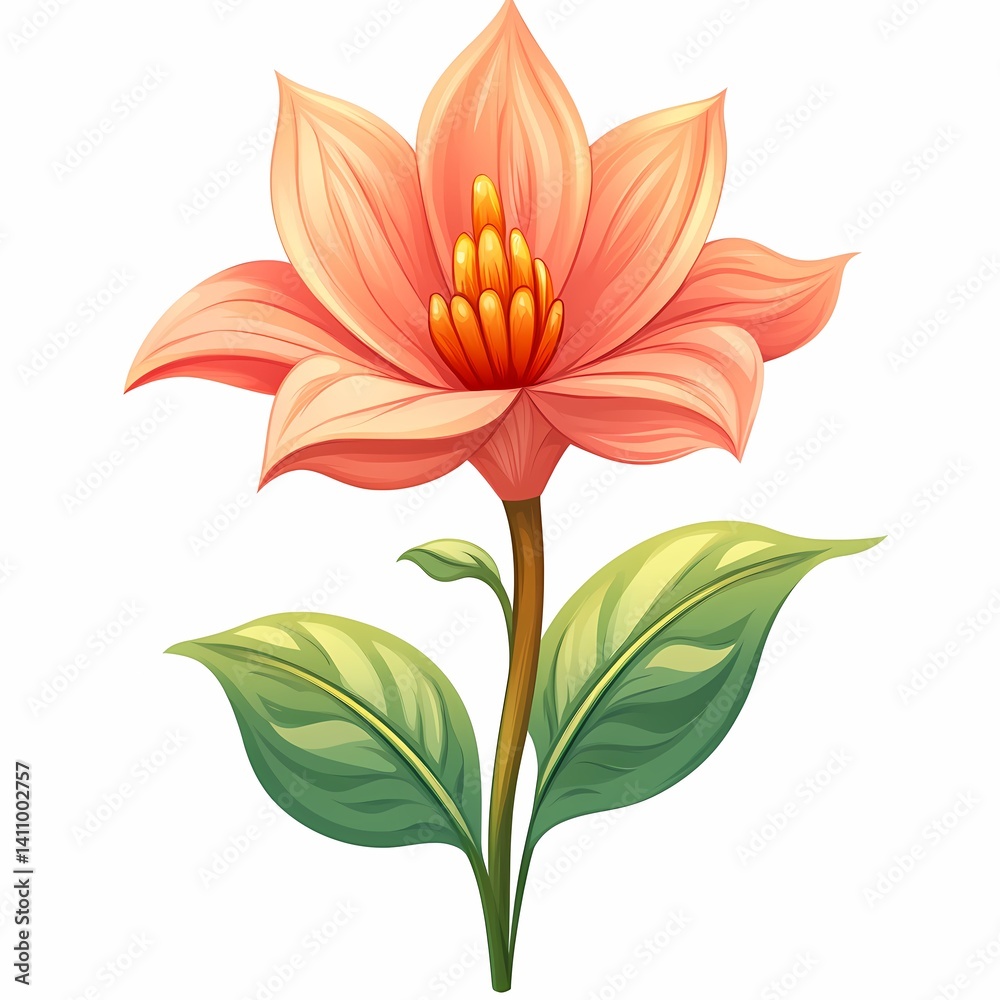 Obraz premium Vibrant Botanical Blossom. Exotic Hand-Drawn Pink Flower Illustration with Green Leaves and Detailed Spring Floral Design