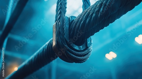 Steel cable held by a fastener with visible blue lighting