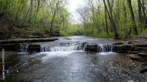 Stream With Small Waterfall In Forest