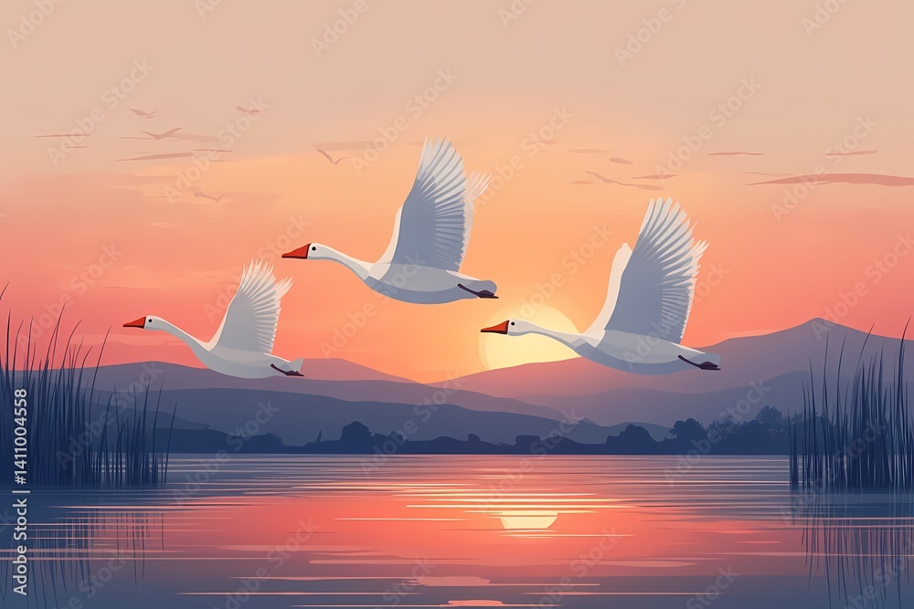 Naklejka premium Serene Swans. Sunset Reflections Over Tranquil Rippling Water - Wildlife Nature Art and Majestic Beauty in the Evening Sky