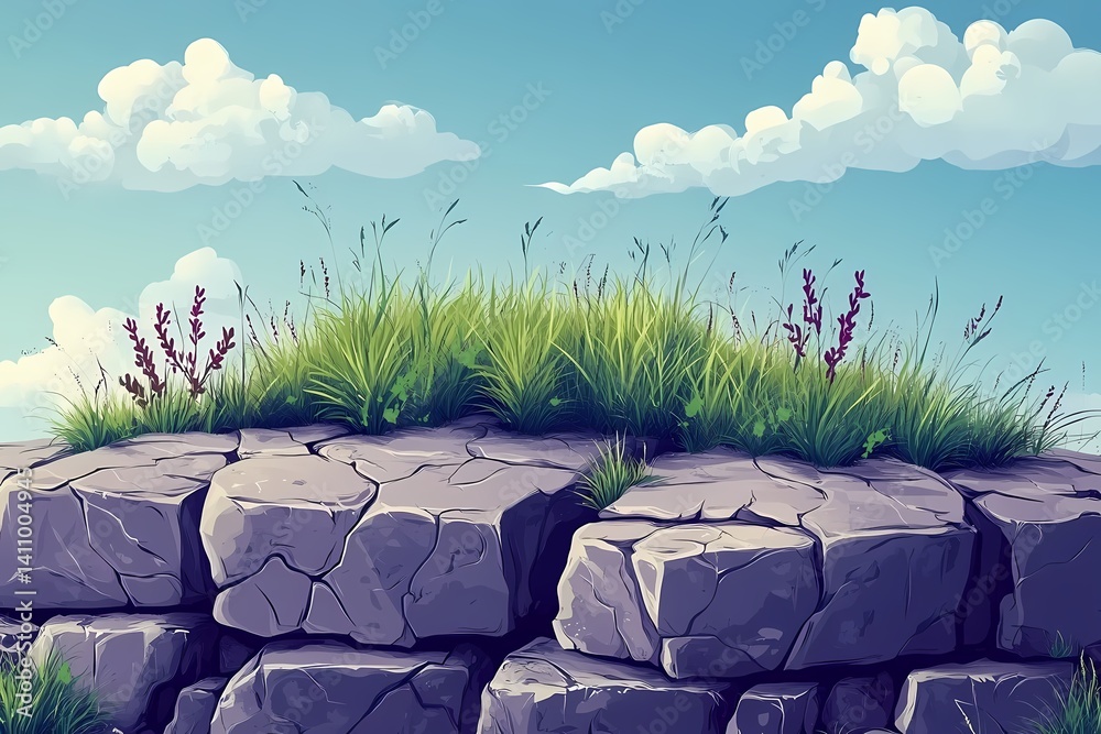 Fototapeta premium Vibrant Greenery and Rocky Terrain Under a Peaceful Cloudy Sky. Digital Art in an Idyllic Natural Environment