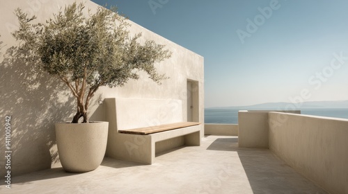 Minimalist terrace with concrete bench and olive tree planter 