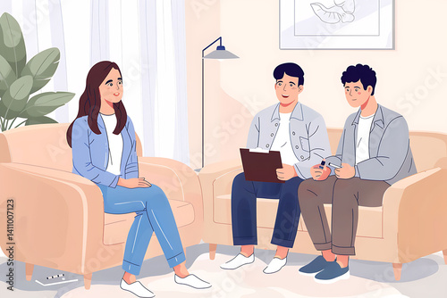 A young Asian couple shaking hands with a real estate agent in the living room, showing house keys and a home model on the table, wearing casual , with smiling faces looking at the camera. This is a  