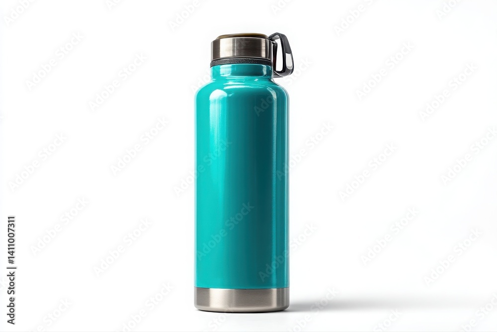 A teal-colored, insulated stainless steel water bottle or travel mug, isolated on white background, ideal for keeping beverages hot or cold on the go. blue bottle isolated on white A teal-colored, insulated stainless steel water bottle or travel mug, isolated on white background, ideal for keeping beverages hot or cold on the go. blue bottle isolated on white