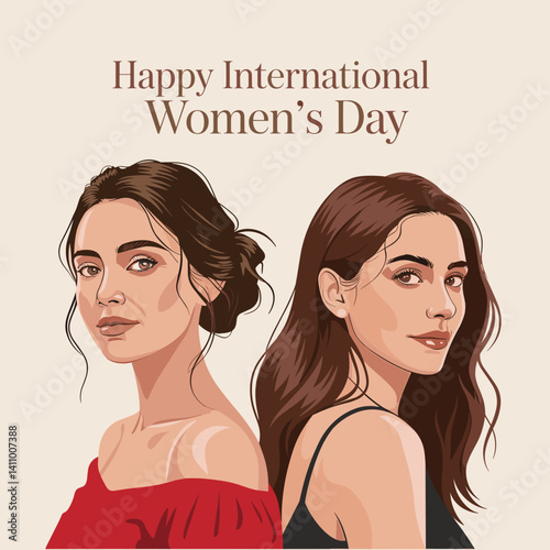 Elegant Illustration of Two Women Celebrating International Women's Day with Stylish Outfits and Confident Expressions
