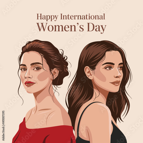 Elegant Illustration of Two Women Celebrating International Women's Day with Stylish Outfits and Confident Expressions
