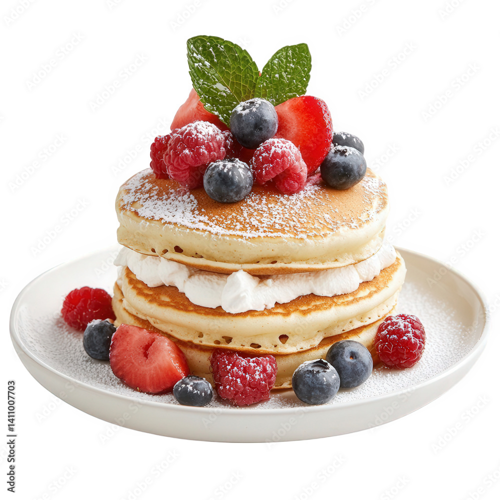 Delicious stack of fluffy pancakes topped with fresh berries and mint leaves, served on a white plate with a dusting of powdered sugar, perfect for a breakfast or brunch setting Delicious stack of fluffy pancakes topped with fresh berries and mint leaves, served on a white plate with a dusting of powdered sugar, perfect for a breakfast or brunch setting