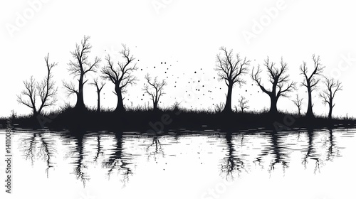 Tranquil Black and White Lake Reflection with Silhouetted Tree and Flock of Birds in Scenic Wilderness Landscape