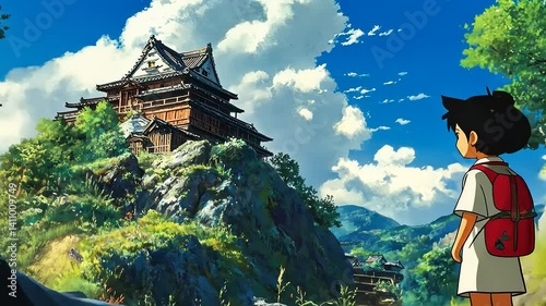 Anime Boy Gazing at Majestic Mountaintop Castle
