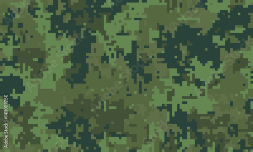 Abstract digital camouflage pattern.  Perfect for backgrounds, textures, or militarythemed designs.  The pixelated green and brown tones create a sense of concealment and mystery.