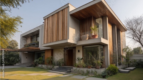 Modern box house with cantilevered upper floor and vertical slats 