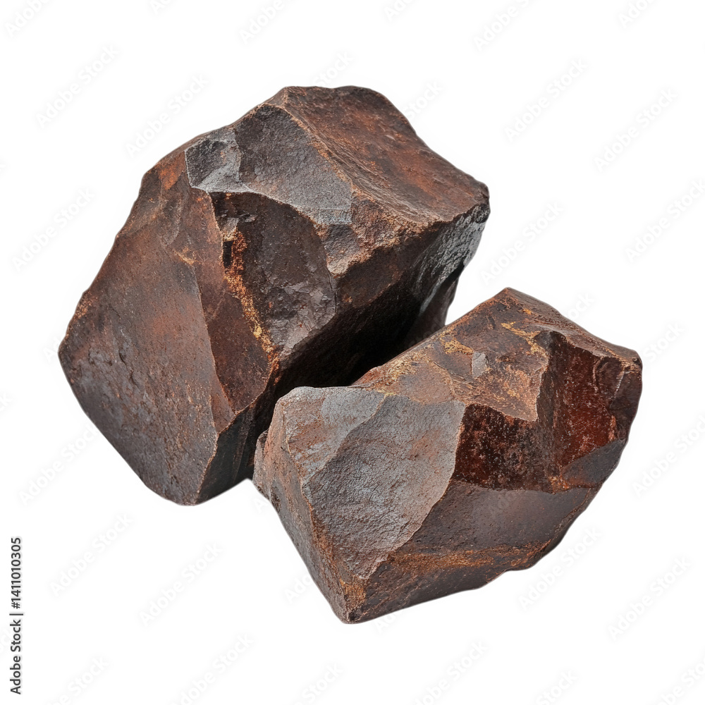 Two large pieces of dark, naturally occurring mineral rock with jagged edges found in a geological collection, showcasing their unique textures and colors under bright lighting Two large pieces of dark, naturally occurring mineral rock with jagged edges found in a geological collection, showcasing their unique textures and colors under bright lighting