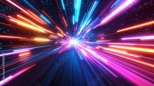 A vibrant, futuristic tunnel of neon light streaks radiates from a central point.