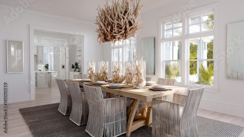 Obraz na płótnie Modern coastal dining room with light finishes and driftwood centerpieces w salonie