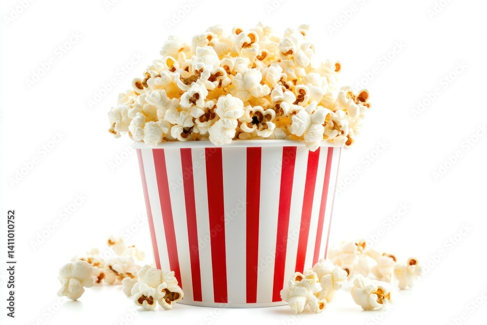 Popcorn in a classic striped bucket, fluffy and light, isolated on a white background Popcorn in a classic striped bucket, fluffy and light, isolated on a white background
