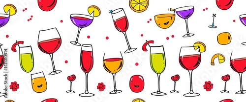Hand-drawn seamless pattern of cocktails, wine, and champagne glasses Linear style, white background, line,  vintage