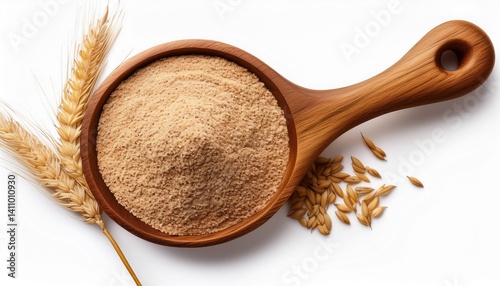 Spelt bran and grains with wooden spoon and wheat