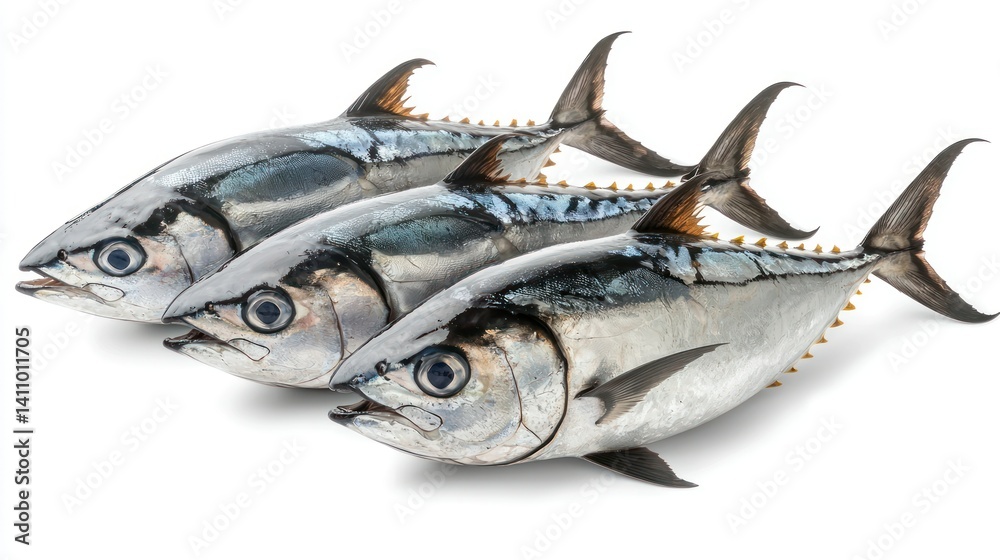 Three fresh tuna fishes lined up, silver skin and sharp fins on white Three fresh tuna fishes lined up, silver skin and sharp fins on white