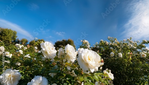 hite bush roses on a background of blue sky in the sunlight.