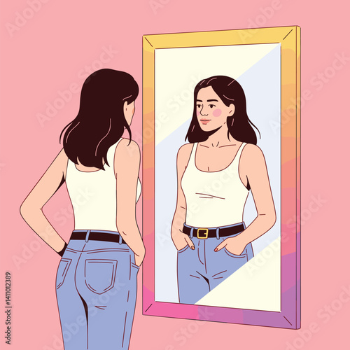 Self-Reflection – Woman Embracing Confidence in Front of the Mirror
