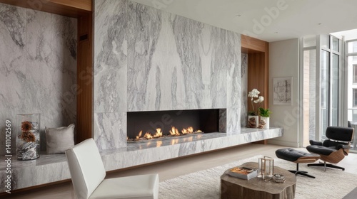 Modern fireplace design with flush finish and marble surround 