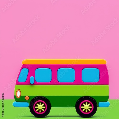 Playful Cartoon Van Illustration on Pink and Green Background