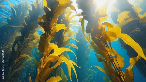 Sunlight filters through a kelp forest creating a mesmerizing underwater scene. Aquatic plants sway in the blue ocean depths.