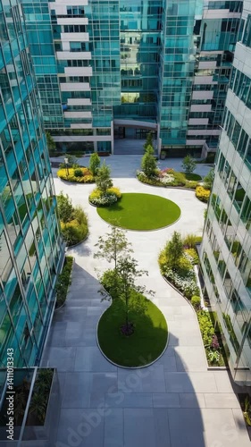 Urban garden design amidst modern glass office buildings, featuring symmetrical landscape elements with circular green lawns.