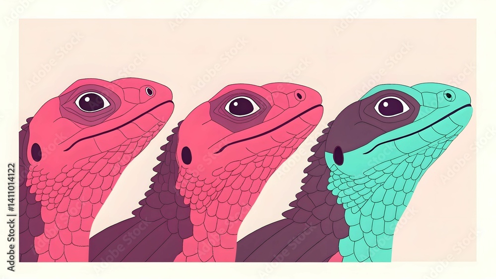 Fototapeta premium Pet Character Lineup concept Colorful illustration of three stylized lizards in vibrant hues looking sideways.