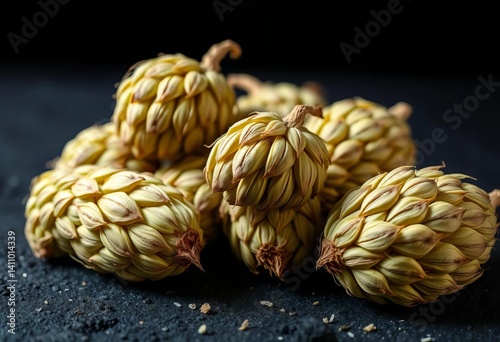 Intricate detail of dry hop cones, textured surface, black background , panoramic,  homebrewing