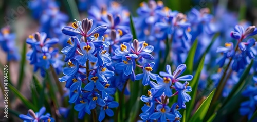 Intricate detail of vibrant blue Desert Bluebells clustered close-up, garden, detail photo