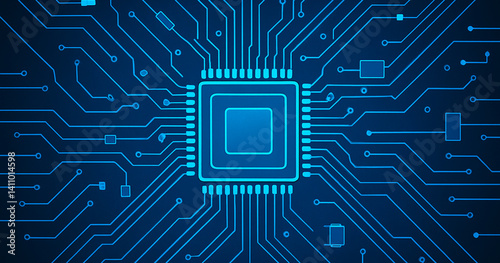 Abstract chip circuit board background. Technology connected blue lines with electronics elements on tech bg. Computer motherboard with a chip, processor, and semiconductor. 