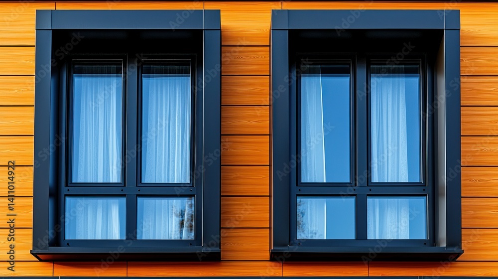 Fototapeta premium Two windows on modern orange wall with blue sky reflections