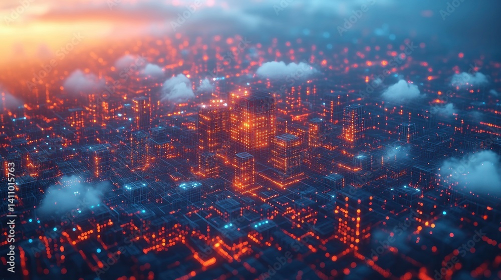 Obraz premium Futuristic city, vibrant lights, aerial view, digital art