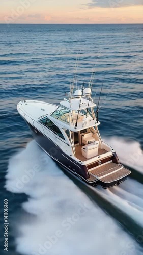 Luxury Yacht cruising on open ocean with fishing rods attached, leaving trails on water surface under clear sky at sunset