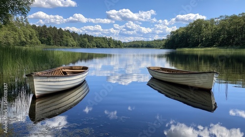 Tranquil Lake Scene with Two Rowboats on a Sunny Day