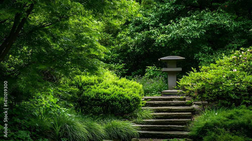 Naklejka premium Peaceful Japanese Garden With Stone Steps And Lantern
