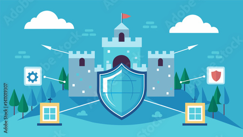 A virtual moat surrounding a network fortified with advanced data protection measures.. Vector illustration