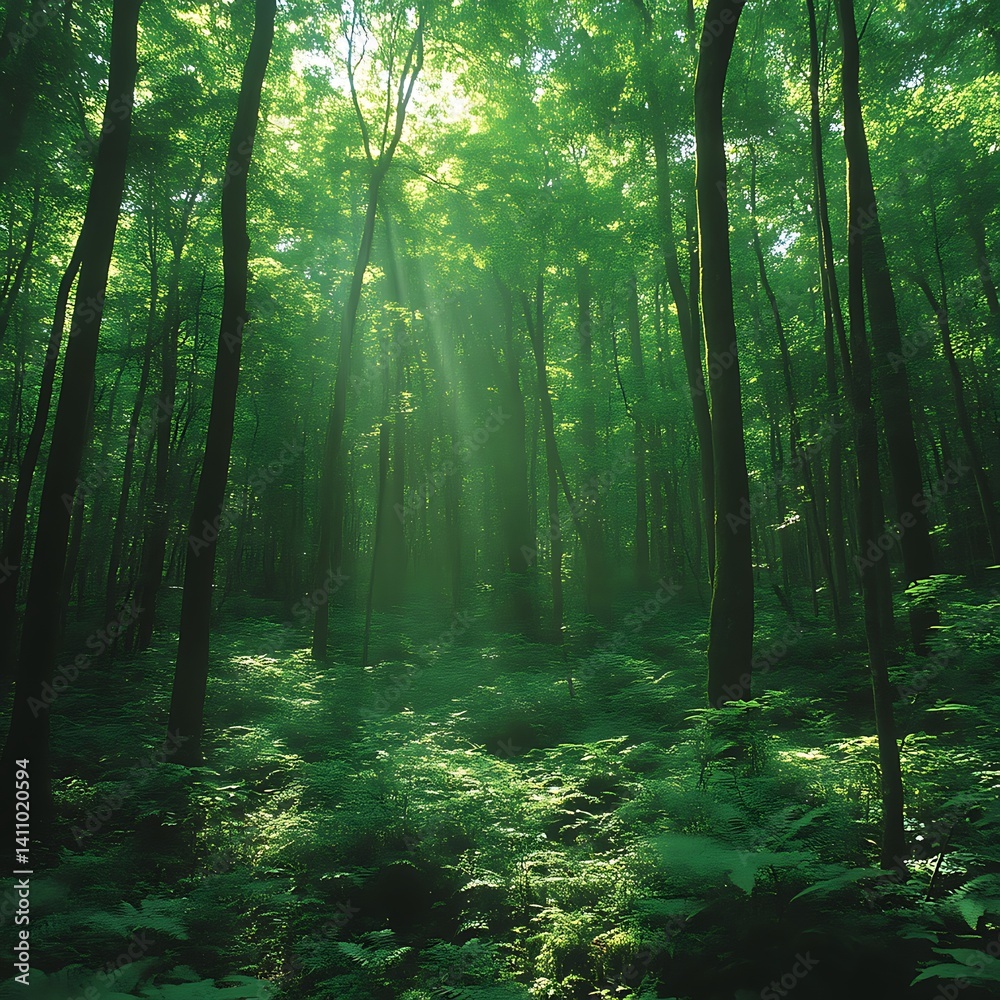 Obraz premium Sunlight streams through lush forest