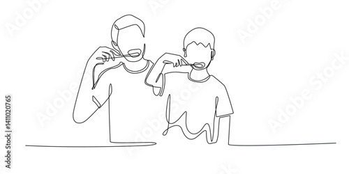 one continuous line drawing of father and son brushing teeth.brushing teeth together.single line vector illustration