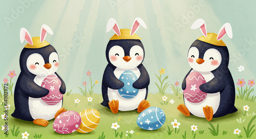 Obraz na płótnie Three baby penguins wearingeater bunny headbands celebrating with colored easer eggs - watercolor illustration w salonie
