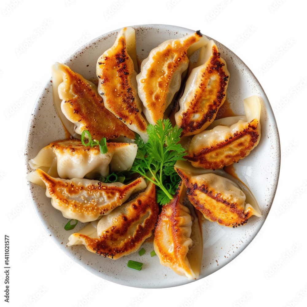 Deliciously fried dumplings arranged in a circular pattern, garnished with fresh greens on a white plate, showcasing traditional Asian cuisine Deliciously fried dumplings arranged in a circular pattern, garnished with fresh greens on a white plate, showcasing traditional Asian cuisine