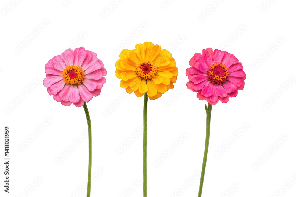 Bright and colorful zinnia flowers arranged in a row showcasing their vibrant colors against a white background Bright and colorful zinnia flowers arranged in a row showcasing their vibrant colors against a white background
