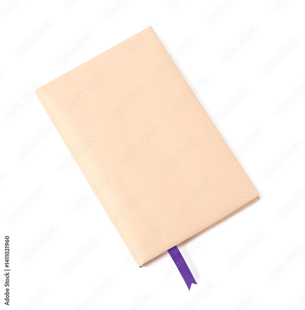 Fototapeta premium Book with ribbon bookmark isolated on white, top view