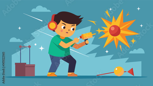 A young boy testing out different sound effects in Unity trying to find the perfect fit for his games intense boss battle.. Vector illustration