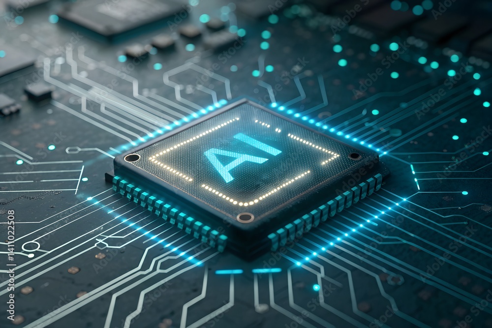 Futuristic AI Microchip on Illuminated Circuit Board Futuristic AI Microchip on Illuminated Circuit Board