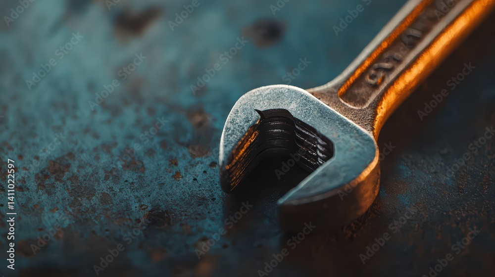 Close-up of metal adjustable wrench on rusty surface Close-up of metal adjustable wrench on rusty surface